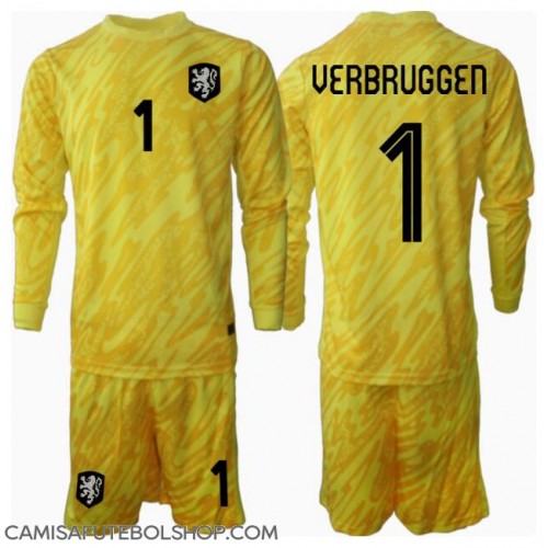Camisa de time de futebol Holanda Bart Verbruggen #1 Goleiro Replicas 2º Equipamento Infantil Europeu 2024 Manga Comprida (+ Calças curtas)